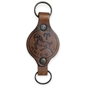Vintage 1974 Leather Aries Zodiac Double Sided Keychain